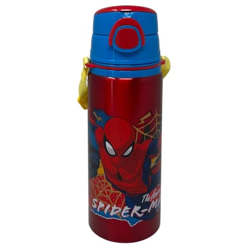 Aluminium Trinkflasche mit Strohhalm Spiderman Marvel 730ml Automatische Pop-Up Flasche für Kinder Schultergurt im Lieferumfang enthalten
