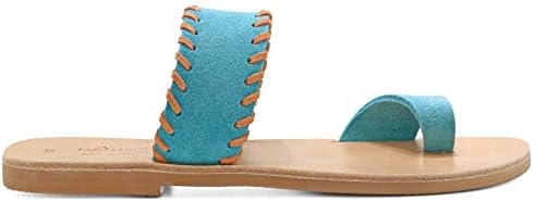 Size 8 Turquoise Emmanuela Greek Suede Leather Embroided Toe Ring Sandals, Quality Handmade Slide on Strappy Summer Shoes for Women, Open Toe Sliders, Boho Chic Slider Mules | Image 2
