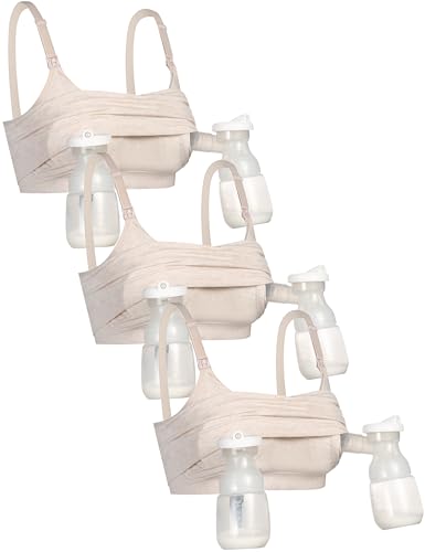 GXXGE 3Pack Hands Free Pumping Bra Adjustable Pumping & Nursing Bra with EasyClip for All Breast Pumps Cotton Sleep Bra 3 Beige Medium