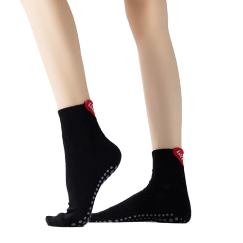 Yoga Pilates Socks with Heart Accent Non-Slip Grips Cushioned Crew Socks for Barre Ballet Dance