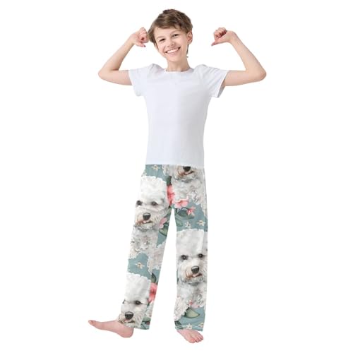 Bichon and Floral Boys Long Pants Soft Trousers Elastic Waist Kids Lounge Bottoms with Pockets S-XL2