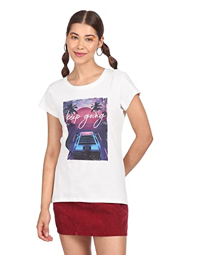 Image of Women White Cotton Graphic Print T-Shirt