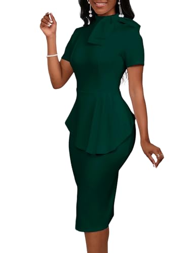 Image of WanMem Women Formal Bodycon Peplum Cocktail Dress Short Sleeve Bow Ruffle Pencil Party Midi Dresses
