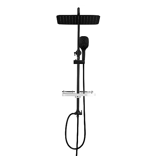 JOHO Edelstahl Duschsystem ohne Armatur, Regendusche Duschset Wassersparend mit Kopfbrause 35x25 cm und Ablage Schwarz