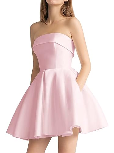 Pink Short Satin Strapless Formal Dress