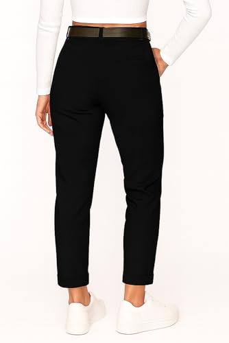 Kendindza Chino Damen Hose Stretch mit Gürtel Stoffhose Damen elegant lang Stretchhose weiches Material Schwarz M