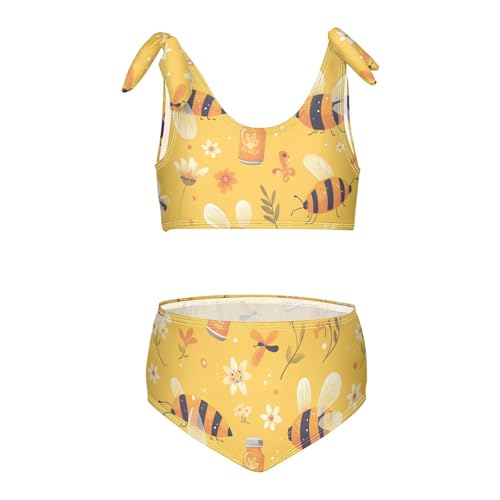 KLL Bees on Yellow Girls 2 Piecing Bikini Set Scoop Neck Swimsuit Swimming Suits Cute Shoulder Strap