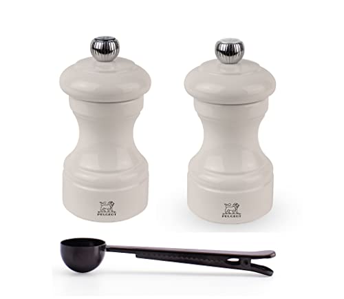 Peugeot Bistro Manual Salt & Pepper Mill Gift Set, Gloss Painted Wood, 10 cm - 4?- With Stainless Steel Spice Scoop/Bag Clip (Ivory Lacquer)