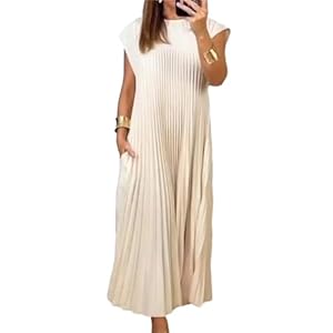 LZIALBM Women’s Summer Pleated Maxi Dress 2024 Casual Cap Sleeve Loose Fit Flowy Long Dresses with Pockets