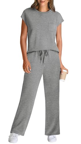 Image of WIHOLL 2 Piece Sets for Women Casual Summer Travel Vacation Outfits Cap Sleeve Lounge Set