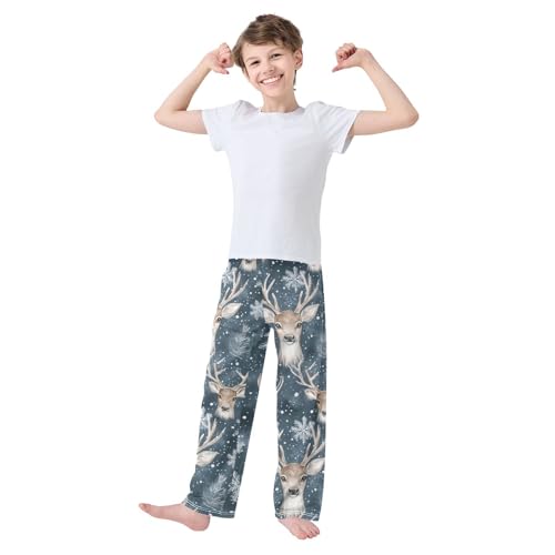 Reindeer Head Snow Boys Long Pants Soft Trousers Elastic Waist Kids Lounge Bottoms with Pockets S-XL2