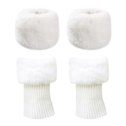Image of 2 Pairs Faux Fur Boot Covers Winter Wrist Cuff Warmers Fluffy Leg Warmers Fuzzy Cuffs Short Wrist Warmers White