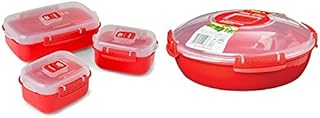 Sistema Microwave Heat and Eat 3 Pack, Red/Clear, Pack of 3 & Round Microwave Dish, Red, 1.3 L