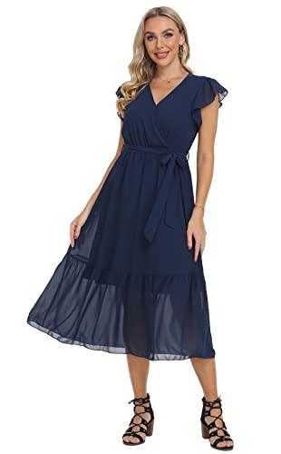Image of VintageClothing Womens Sundress Casual Floral Summer Boho Dress | Flowy Wrap V Neck Ruffle A-Line Pleated Hem Midi Dresses