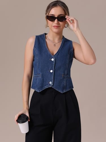 Women's Denim Vest V Neck Button Down Sleeveless Waistcoat Vest Top Western Outfits Casual Jean Vests3