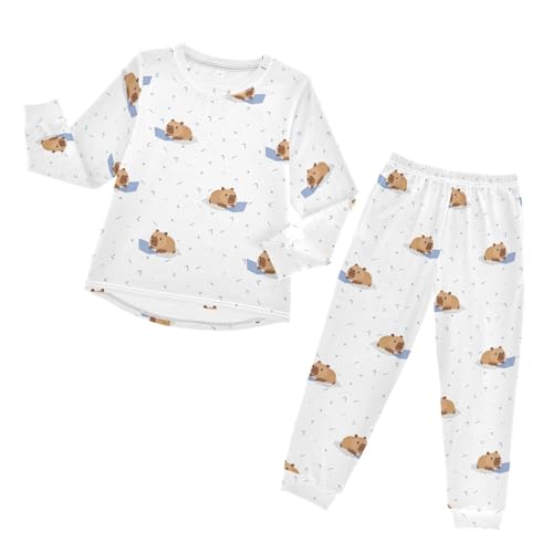 Pajama Set Long Sleeve for Boys & Girls,Capybara Laptop Blue Kid's Soft Sleepwear Crewneck Loungewear 2 Piece PJ Underwear Set 4T