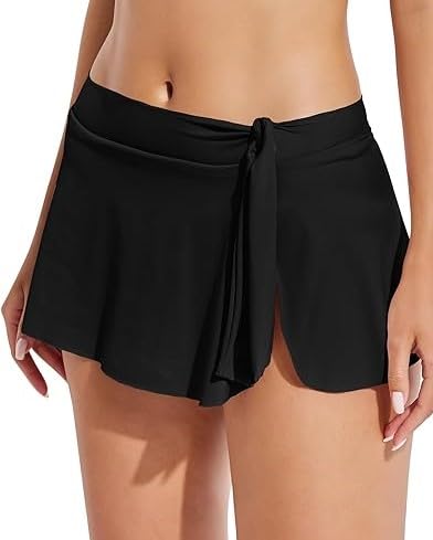 Women's Swim Shorts with Tie Front, Black, High-Waisted Swimwear Bottom