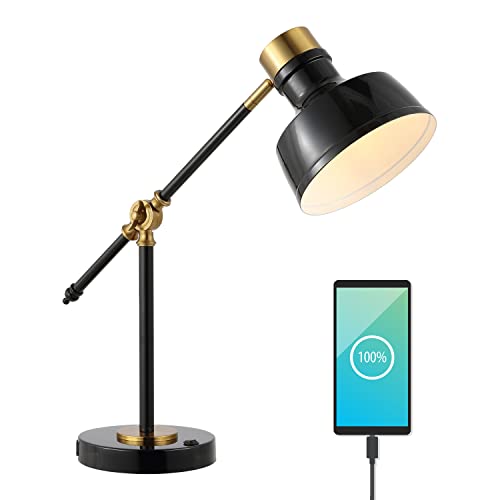 JONATHAN Y 18.5" Black/Brass Gold Adjustable Cantilever LED Task Lamp with USB Charging Port, Vintage Farmhouse Desk Lamp for Home Office Reading, Metal Shade JYL7124A by JONATHAN Y - Used condition - US$51.01