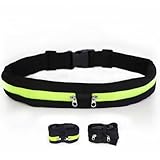 ランニング ポーチ ウエスト バッグ 揺れない 軽量 大容量 伸縮 スマホ ボディバッグ ユニセックス ジョギング ウォーキング (ダブルポケット＋黒地に蛍光グリーン)