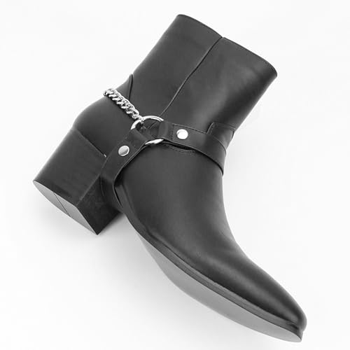 Men's Leather Chunky Heel Chelsea Boots Belt Buckle Chain Strap Casual Pointy Toe Side Zipper High Heel Boots Western Formal Dress Ankle Boots4
