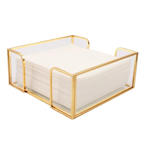 Shonmogar Cocktail Napkin Holder,Gold Square Napkin Holder Fit for 5”x5” Cocktail-Sized Napkins,Glass Napkin Holders for Kitchen Counter Table Party Bar Decor by Shonmogar - Used condition - US$18.04