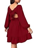 blibean Girls Long Sleeve Tie Back Dress Teen Fall Boho Wedding Guest Dresses Tween Holiday Formal Outfit Big Kids Cute Dance Christmas Clothes Size 12-13 Years Old Red