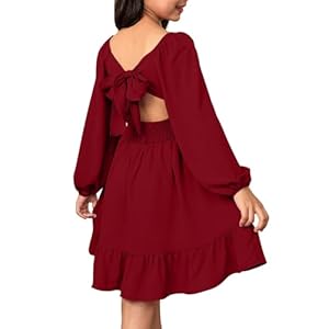 blibean Vestido de manga larga con lazo en la espalda para niñas, vestido de otoño con hombros descubiertos, talla 6-15 años