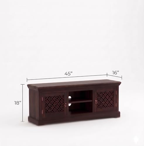 Image of Sheesham Wood Multipurpose Entertainment TV Unit Cabinet with Shelf Storage for Home Living Room Solid Wooden Furniture for Office Decor-Walnut