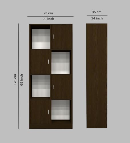 Image of SPECIALITY PANELS 8 Cube Bookshelf with Doors, Dark Wood Finish, 4 Open Shelves and 4 Closed Compartments, 176x73x35 cm Storage Unit