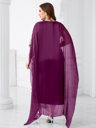 Image of Plus Size Sparkly Formal Evening Gown Sequin Cape Overlay Mother of Bride Dress Wedding Guest Cocktail Party