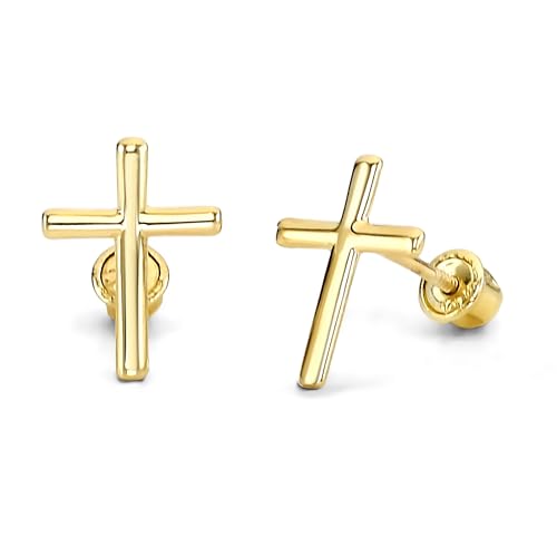 14k REAL Yellow Gold Cross Stud Earrings with Screw Back