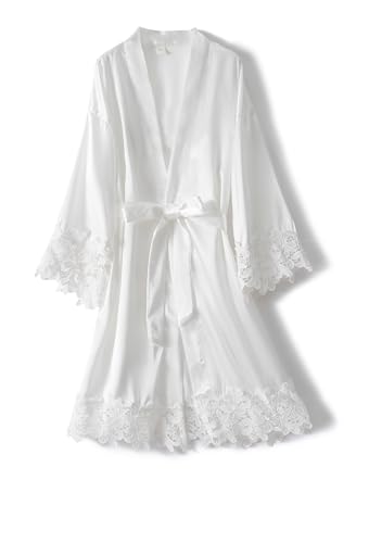 Women Lace Trim Robe Short Kimono Gown Silky Bathrobe for Bride Bridesmaid Nightgown