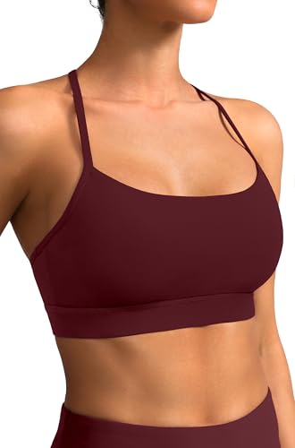 Image of Padded Y-Back Sports Bra for Women - Racerback Low Impact Spaghetti Strap for Yoga Workout Top Burgundy
