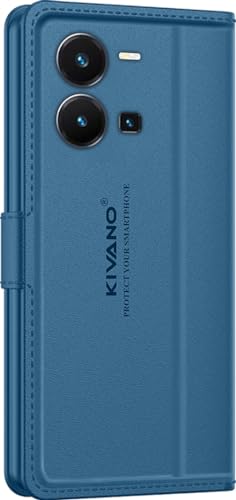 Image of KIVANO LUXE Compatible for Vivo Y35 Luxury Handmade Leather Magnetic Flip Folio Case | Card Holder & Kickstand | Slim Protective Cover | Unisex - Blue