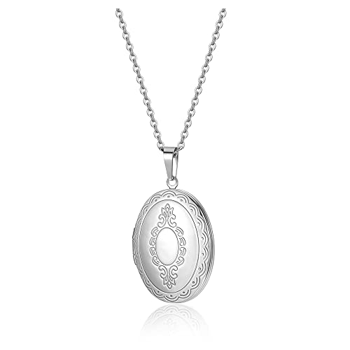 PiercingJak Vintage Bilder Medaillon zum Öffnen Foto Halskette Oval Amulett Anhänger mit Blume Muster Silber Edelstahl Kette Charms Schmuck Geschenk für Damen Herren