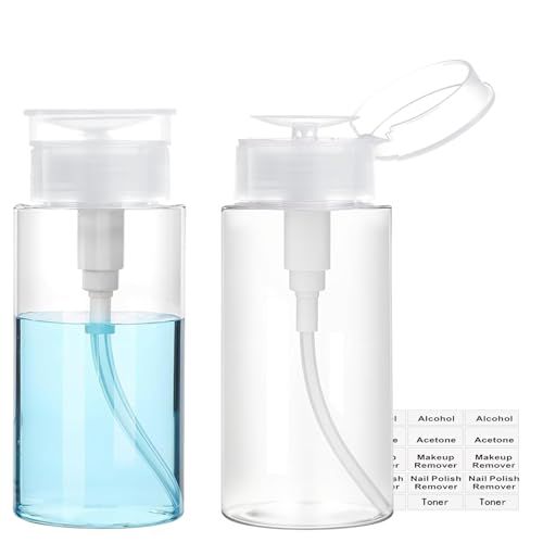 Push Down Pump Dispenser, 3.4oz Clear Pump Bottles with Alcohol, Acetone, Nail Polish Remover, Makeup Remover, Toner Stickers Empty Push Top Container for Liquid (100ml-2Pack)