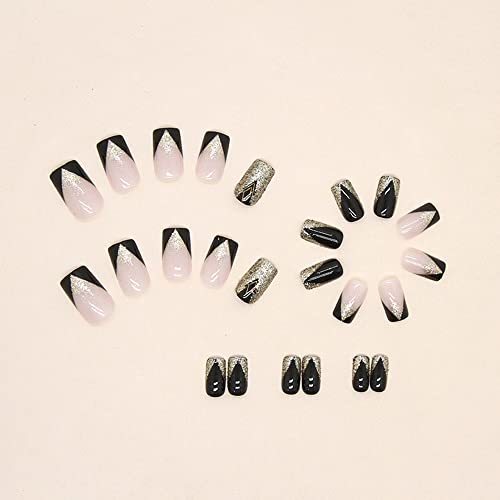 Square Press On Nails Black Flash Fake Nails Medium Glue On Nails French Shiny Stick On Nails Design Acrylic False Nails For Women Or Girl Manicure, 24Pcs #TOP2
