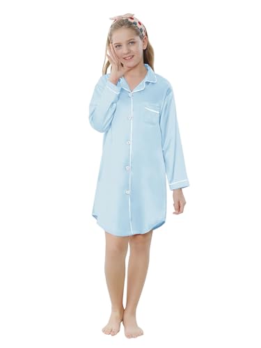 Schbbbta Girls Long Sleeve Satin Nightshirt Dress Button Down Nightgown Silky Sleepwear