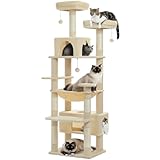 PAWZ Road Kratzbaum Grosse Katzen Stabil, 184 cm Katzenturm für große Katzen, mit Hängematte, 7 Sisalpfosten, Großer Sitzstange, Höhle, Körben, kratzbaum hoch für Indoor Katzen, Beige