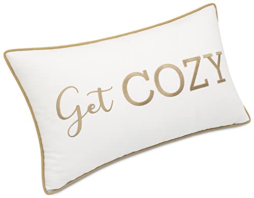 Yugtex Get Cozy Sentiment Embroidered Lumbar Accent Throw Pillow Cover - 12X20, Ivory #TOP1