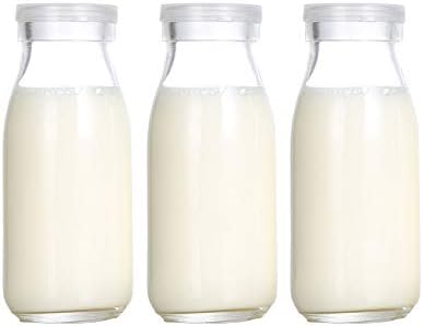 Danmu Art 3Pcs 250ml Glass Milk Bottle with Plastic Lids Small Glass Jars for Decoration