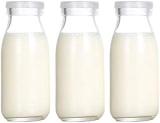 Danmu Art 3Pcs 250ml Glass Milk Bottle with Plastic Lids Small Glass Jars for Decoration