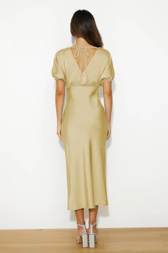 Image of Summer Satin V Neck Puffy Sleeves Empire Waist Midi Dresser Silk Sexy Tie Back Formal Cocktail Dresser for Women Wedding