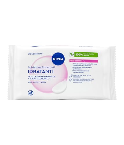 NIVEA Salviettine Struccanti Idratanti 25 Pezzi, Struccante viso e occhi e labbra per trucco waterproof e SPF, Con Olio di Argan naturale e Acido Ialuronico, Detergente viso pelle secca e sensibile