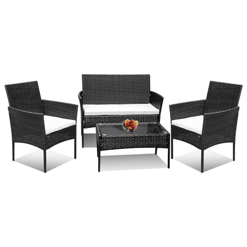 Ansobea Polyrattan Gartenmöbel Set,4 Personen mit 2er Sofa 2 Stühle Tisch & Sitzkissen wetterfest Sitzgruppe,Schwarz Terrassenmöbel Balkonmöbel Set für Garten Terrasse und Balkon