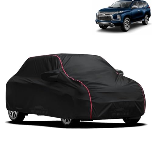 Image of Waterproof Car Cover for Mitsubishi Pajero Sport | All-Weather Protection, Dustproof & UV Resistant | Triple Stitched Mirror Pockets, Windproof Buckle Strap with Elastic Hem, Black-Red Piping