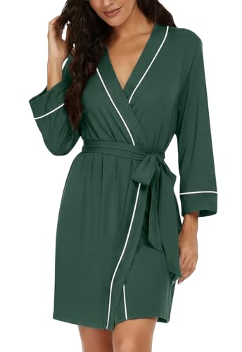 Image of PrinStory Womens Robe Knee Length Soft Knit Bathrobe S-2XL | V-Neck 3 /4 Sleeve Robes with Pockets, Lightweight, Breathable Bath Robe for Shower, Spa, Travel, Home, Party, Nursing