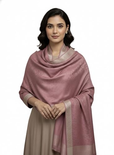 Women's Border Shawl With Self Design, Authentic Wool Blend, Size 40x80inch (Pink)