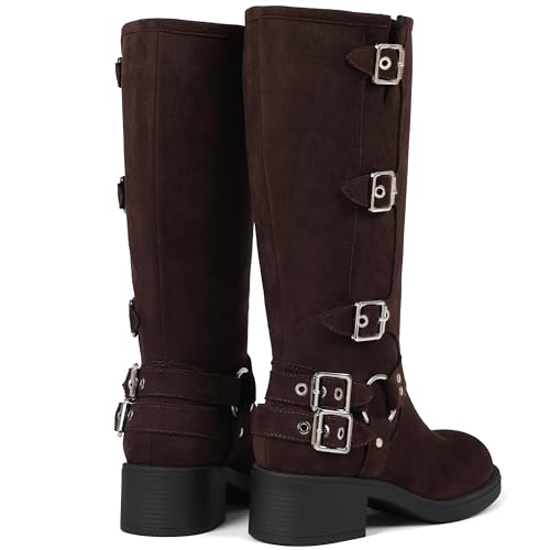 Image of AMINUGAL Knee High Boots Women Square Toe Pull On Wide Calf Riding Fashion Buckles Chunky Metallic Casual Vintage Buckle Rivet