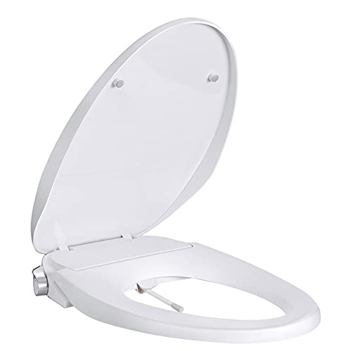 Bidet Toilet Seat for Elongated Toilets Soft Closing Toilet Seat Cover Lid One Key Operation No-Electric Adjustable Water Pressure Aqua Wash Bidet Seat with Double Self-cleaning Nozzle Bidet